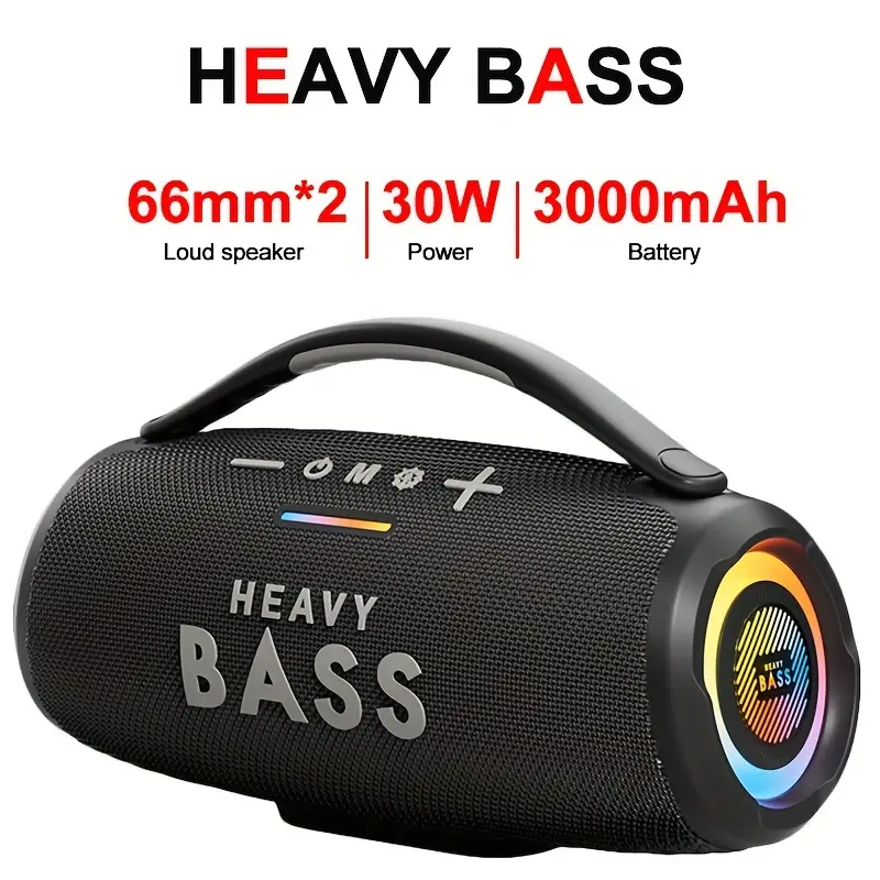 HEAVY BASS 30W Wireless Speaker with Subwoofer, USB-C Charging, Wireless, Built-in Mic, Portable PA System for Home Theater, Camping, Parties - Compatible with PC, Tablet, Smartphone, USB Drive - Ideal for DJs, Presentations, Gaming - Black, Party Sound System, Stylish Audio Gear, Premium Finish, Bass Boost, Party Hosts, Subwoofer For Car, Car Subwoofer, Car Speaker, Mini Speaker
