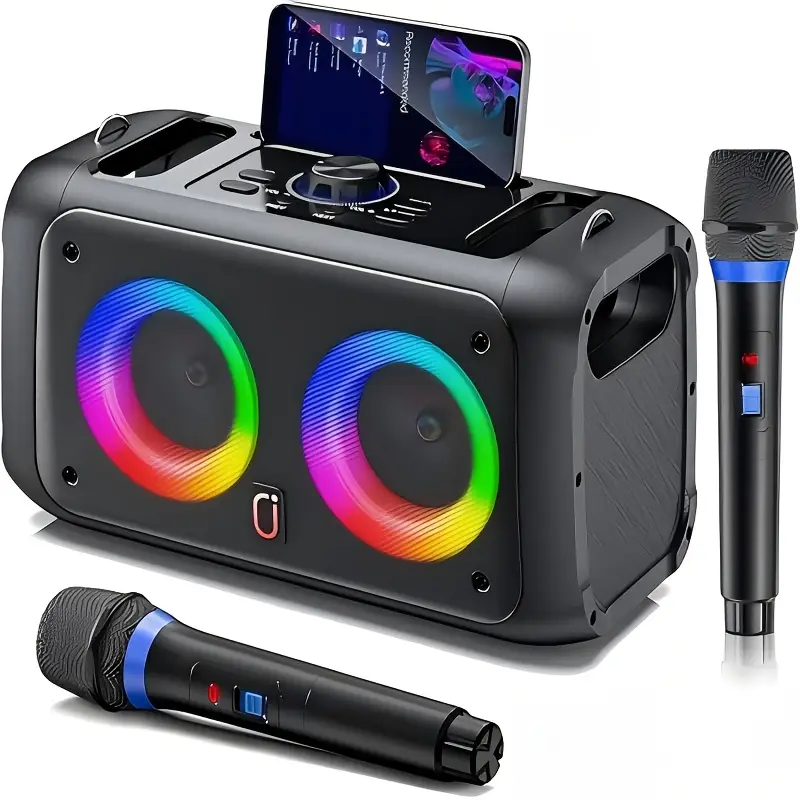 JYX Sound System with 2 Wireless Microphones, Portable Speaker, Supports BT, TF Card, USB, AUX, Loud Volume, 2 4-Inch Speakers, RGB Environment Lighting